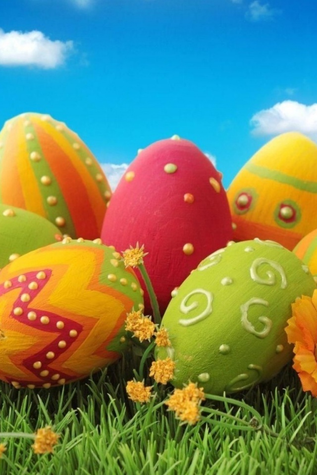 Pascha Eggs Painted Patterns Flowers Grass Sky Meadow