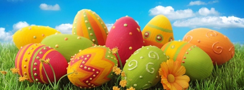 Pascha Eggs Painted Patterns Flowers Grass Sky Meadow