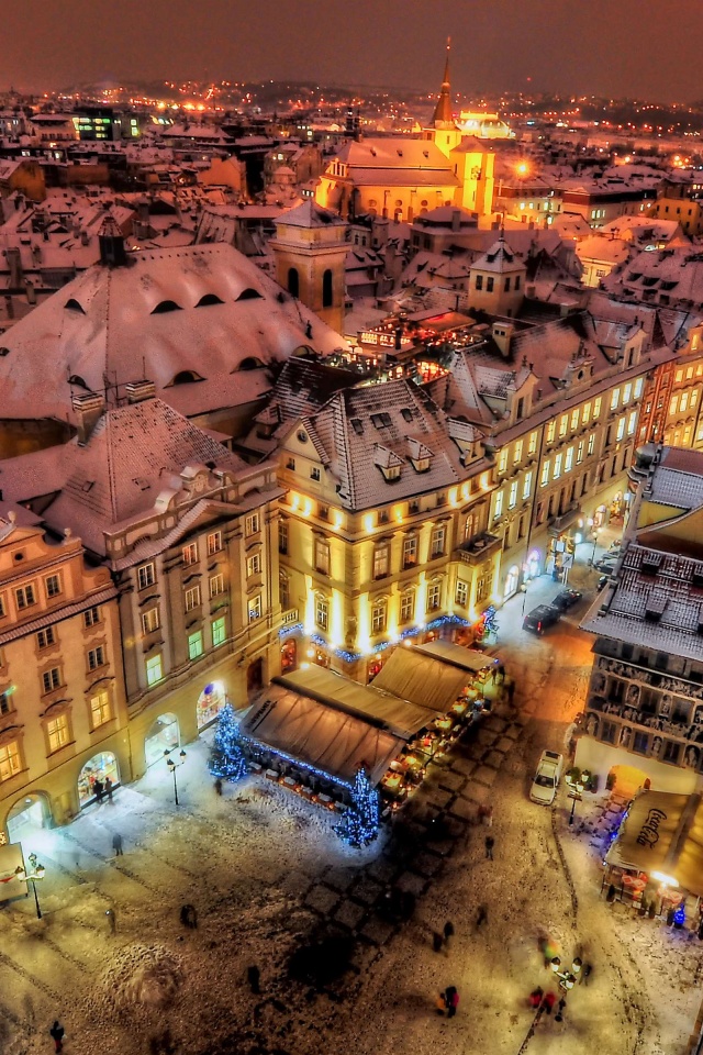 Prague By Night Covered With Snow