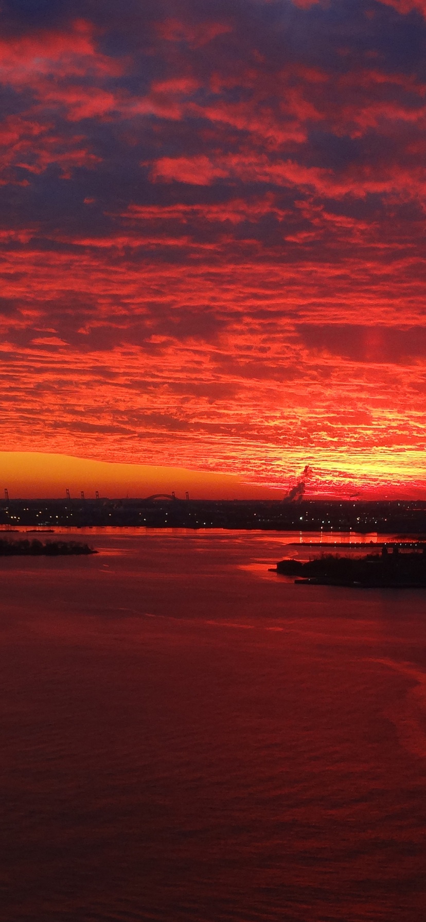 Red Sunset Over New York Harbor