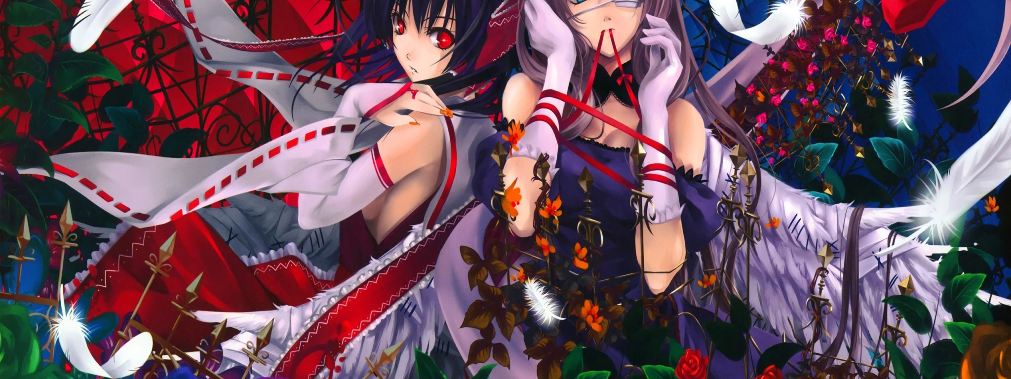 Reimu And Yukari Roses Feathers Anime