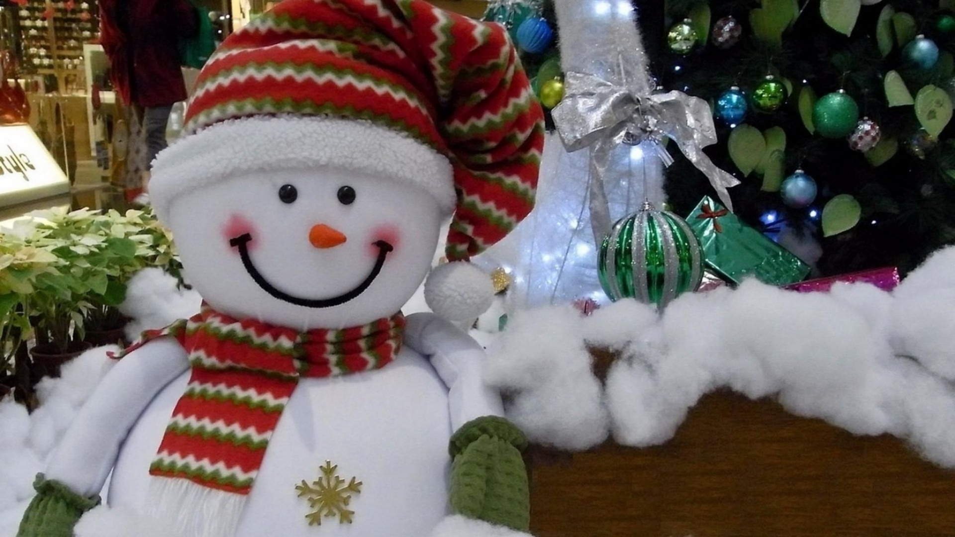 Snowman Smiling Cotton Tree Presents Christmas New Year Holiday