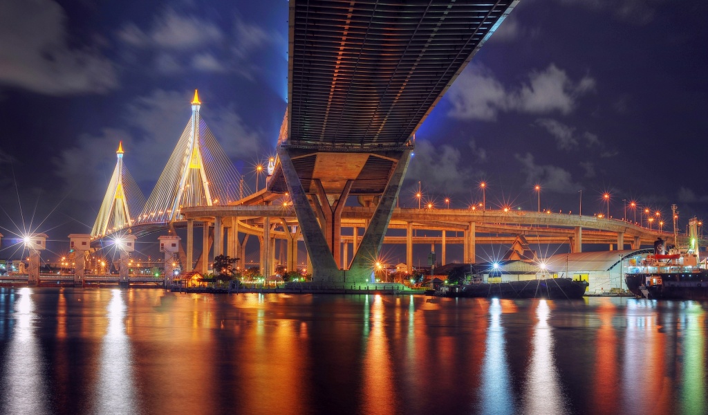 Thailand Bangkok Bridge Night Lights Lamps River Reflection