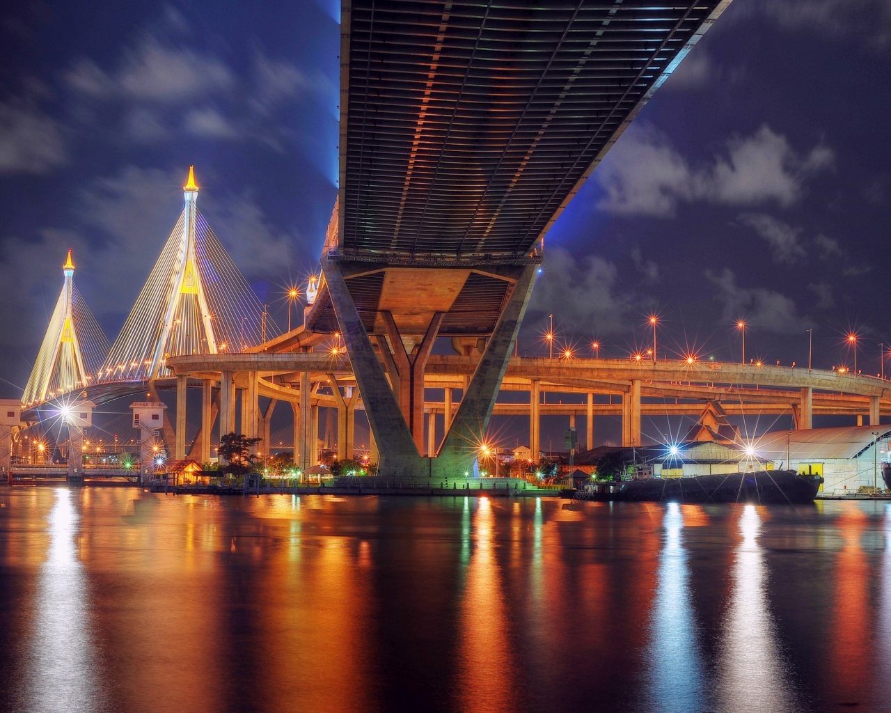 Thailand Bangkok Bridge Night Lights Lamps River Reflection