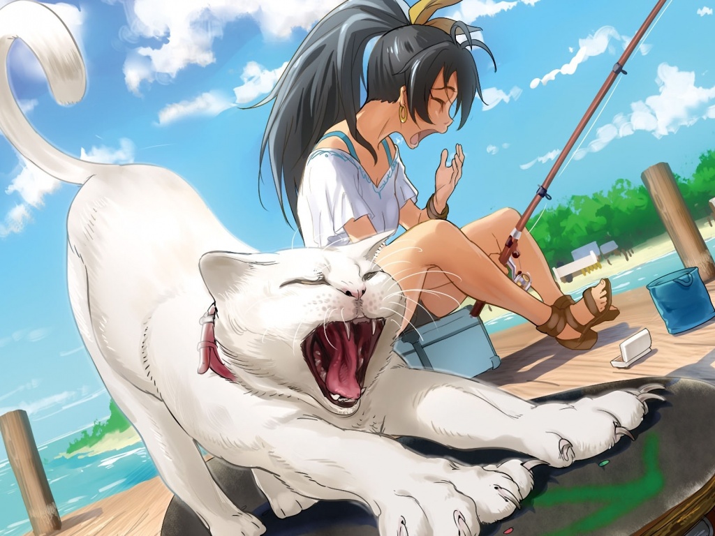 The Idolmaster Ganaha Hibiki Girl Cat Yawning Fishing Pier