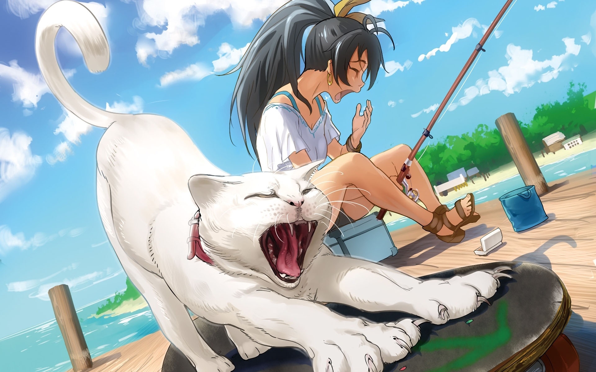 The Idolmaster Ganaha Hibiki Girl Cat Yawning Fishing Pier