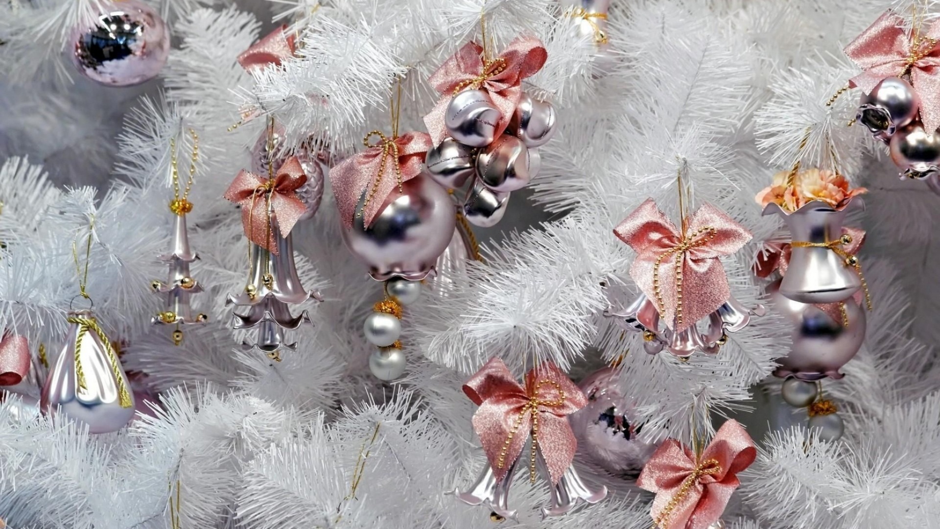 Tree White Toys Bells Bows New Year Christmas Holiday