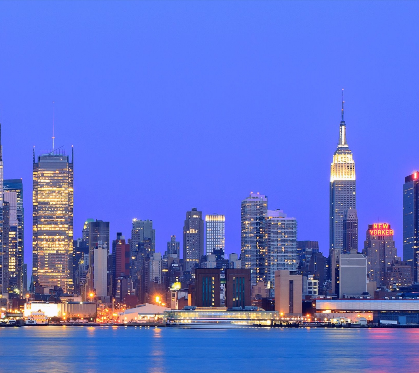 Usa New York Metropolis Buildings Skyscrapers Night Lights River