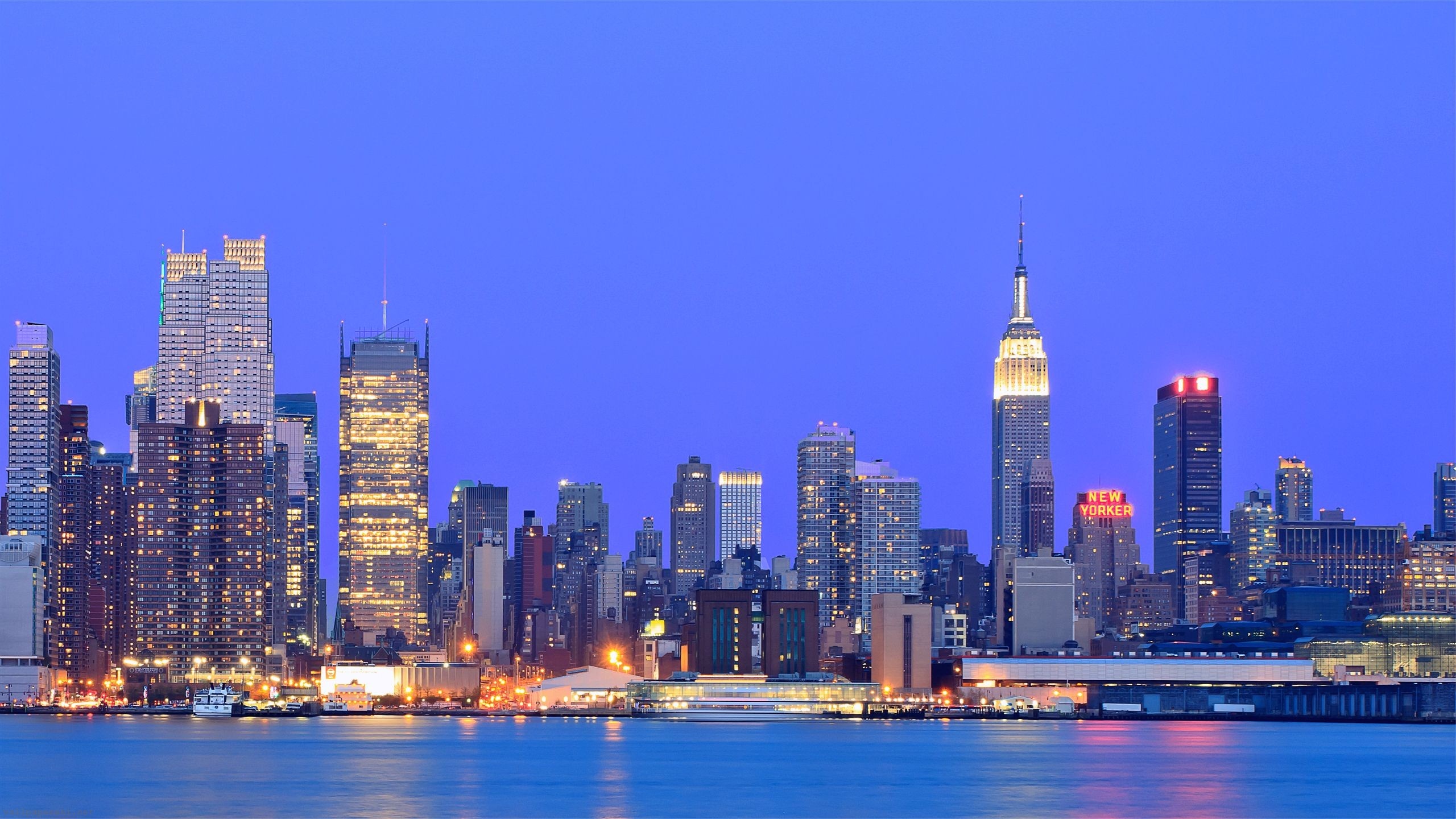 Usa New York Metropolis Buildings Skyscrapers Night Lights River