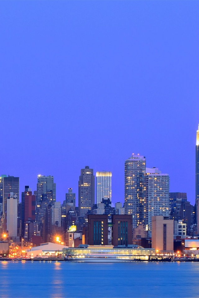 Usa New York Metropolis Buildings Skyscrapers Night Lights River