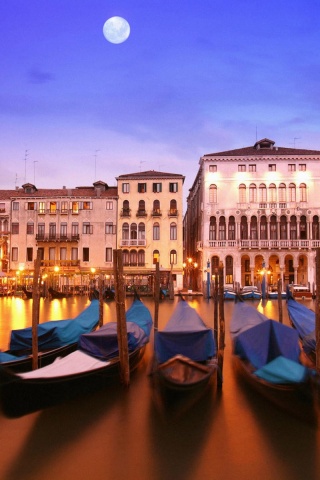Venice Italia Italy City Water Night Moon Buildings Houses Gondolas Boats Water River Canal Lighting Lights Reflection
