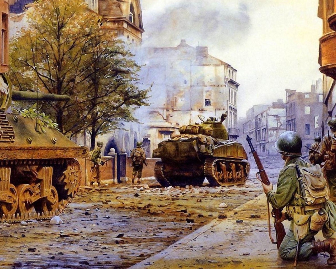 War Americans Tanks City Ruins Devastation Soldiers Battle Sherman Street Smoke Buildings Military Other