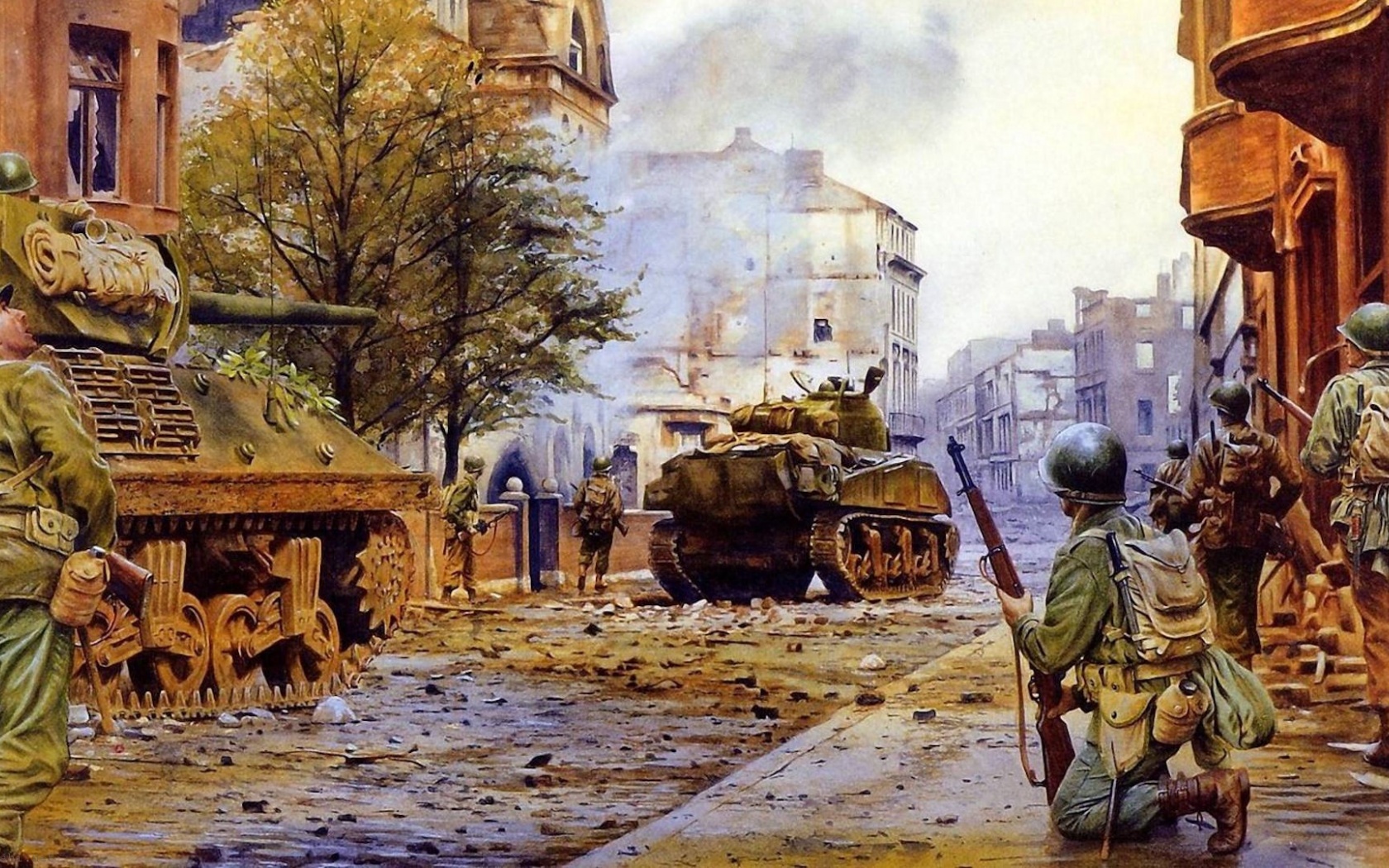War Americans Tanks City Ruins Devastation Soldiers Battle Sherman Street Smoke Buildings Military Other
