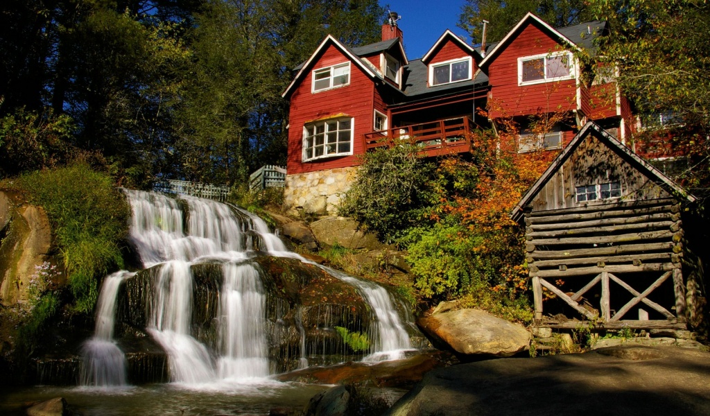 Waterfall Architecture Flowers House Leaves Nature River Rocks Sky Trees Waterfall