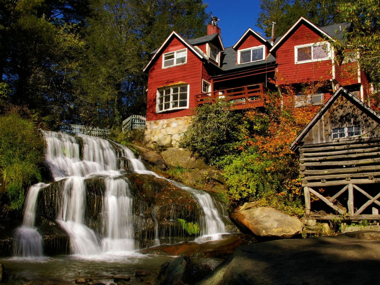 Waterfall Architecture Flowers House Leaves Nature River Rocks Sky Trees Waterfall