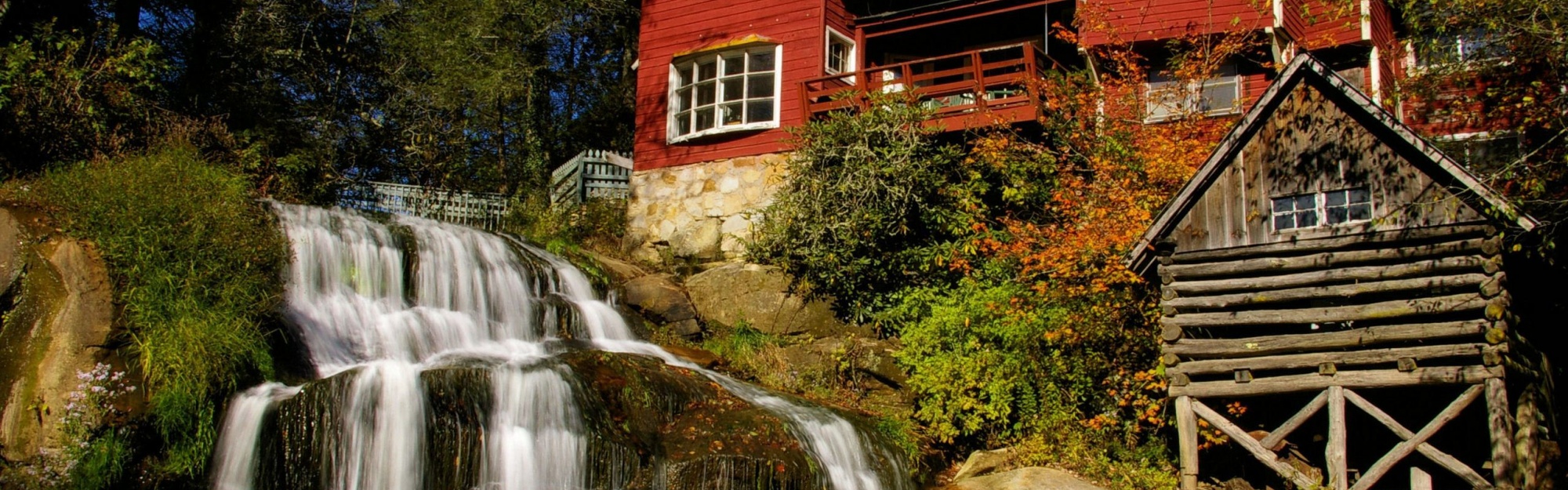 Waterfall Architecture Flowers House Leaves Nature River Rocks Sky Trees Waterfall