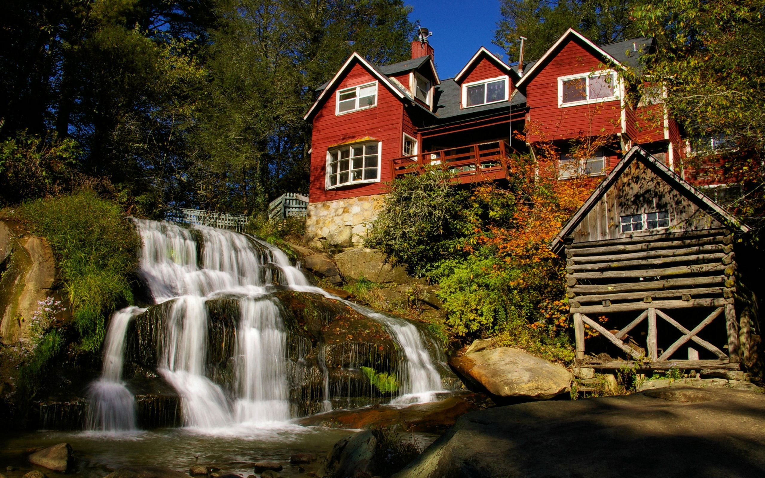 Waterfall Architecture Flowers House Leaves Nature River Rocks Sky Trees Waterfall