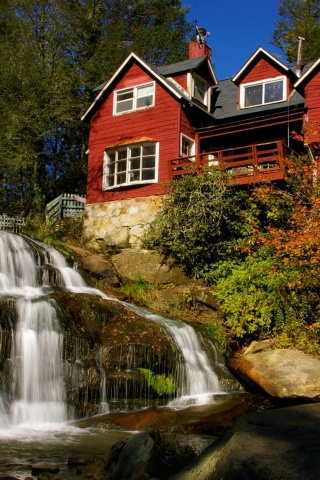 Waterfall Architecture Flowers House Leaves Nature River Rocks Sky Trees Waterfall