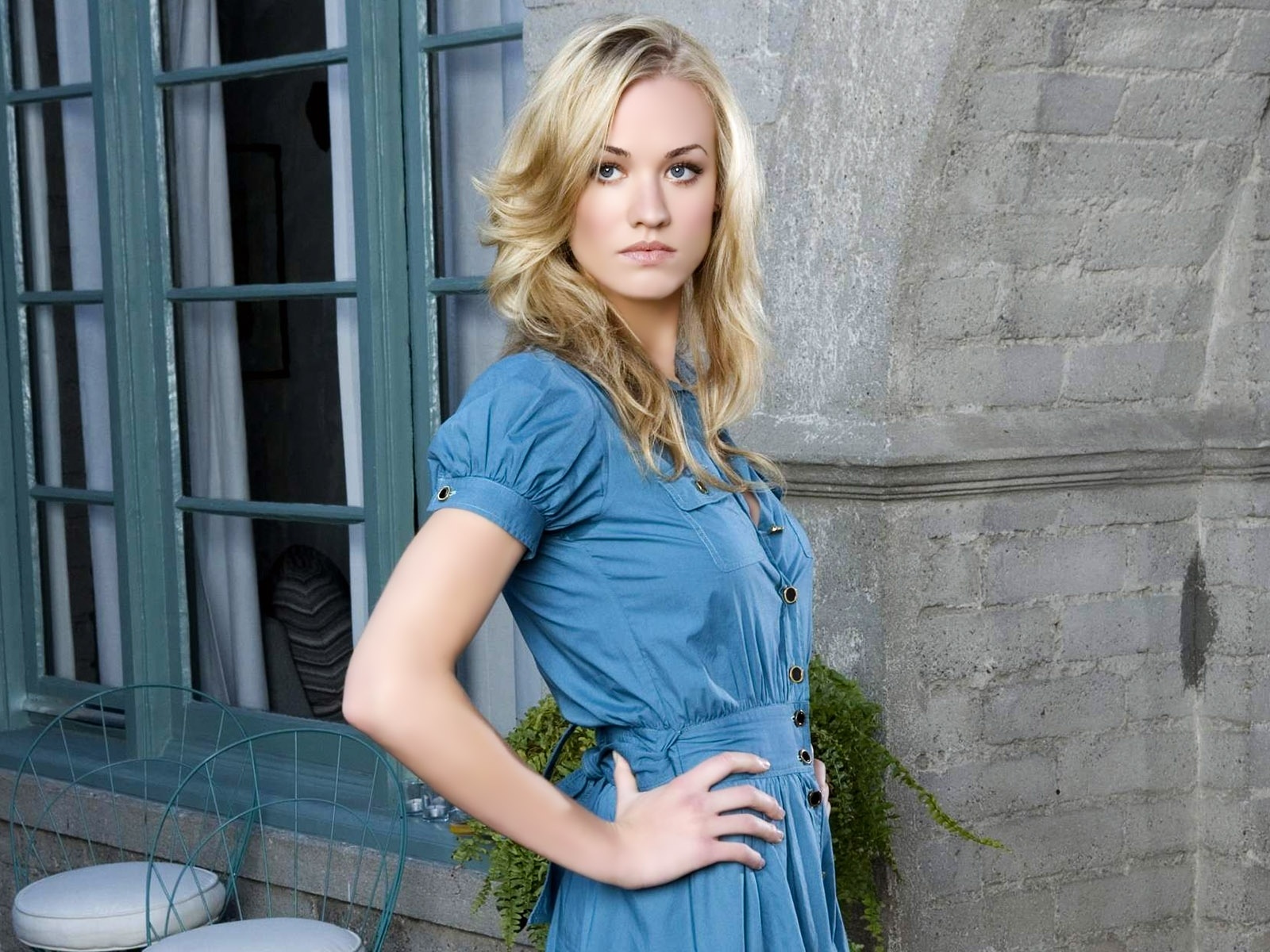 Yvonne Strahovski Blonde Dress Photo Shoot Window