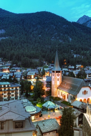 Zermatt Switzerland Mountains Buildings Houses Church Landscape Panorama