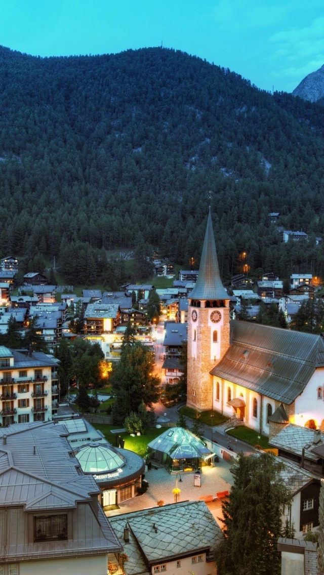 Zermatt Switzerland Mountains Buildings Houses Church Landscape Panorama